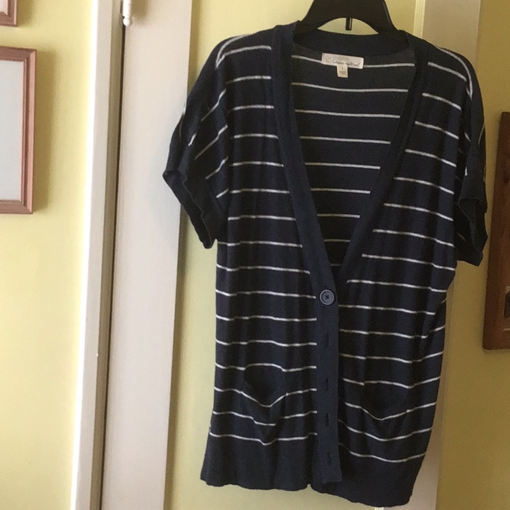 Short sleeved blue and white striped knit sweater